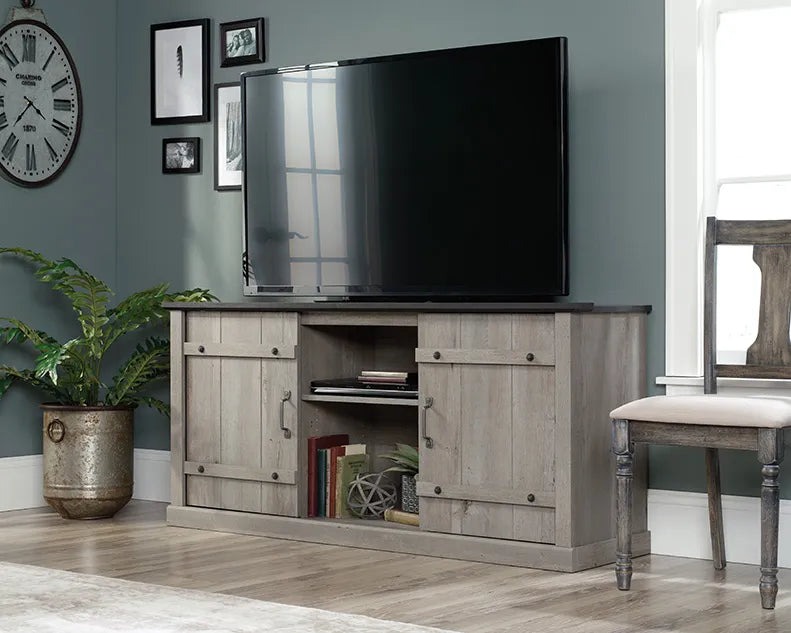 Mystic Oak TV Credenza with Black Accent Top
