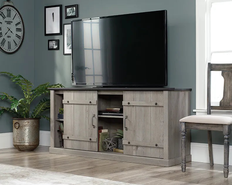 Mystic Oak TV Credenza with Black Accent Top