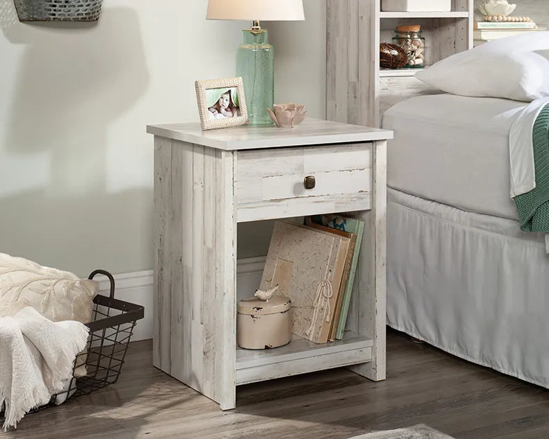 Rustic Night Stand with Drawer in White Plank
