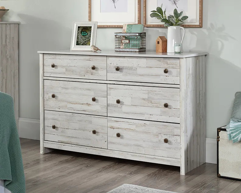 Rustic 6-Drawer Bedroom Dresser in White Plank