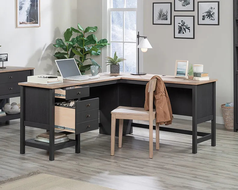 L-Shaped Desk with Drawers in Raven Oak